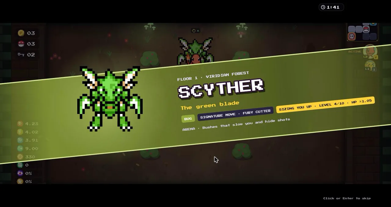 Boss intro card for Scyther on floor 1