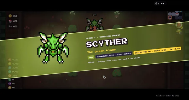 Boss intro card for Scyther on floor 1, with its signature move Fury Cutter and the arena twist