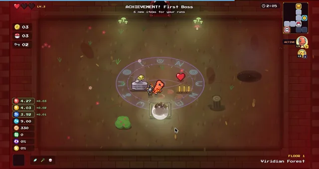 Scyther defeated: boss item, heart, coins and trapdoor, with the First Boss achievement popup