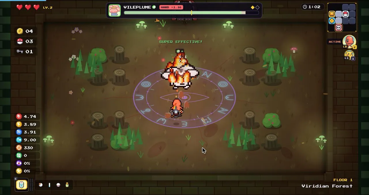 Vileplume boss fight in Viridian Forest with its health bar and Petal Dance