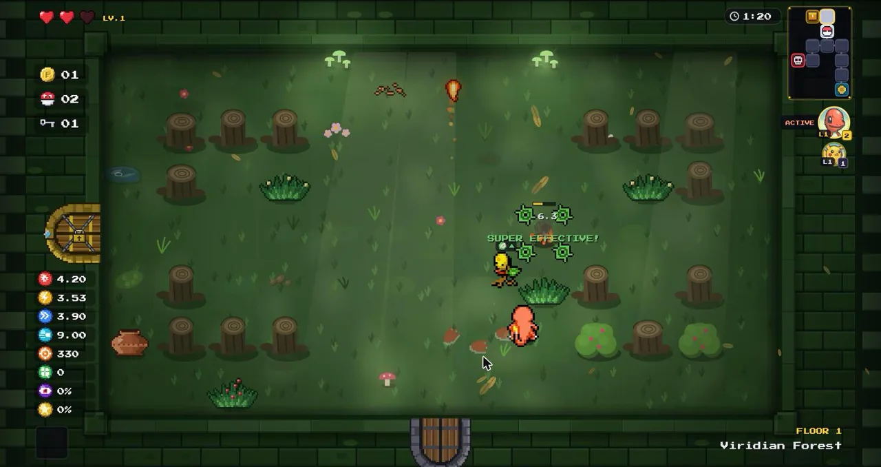 Charmander fighting wild Pokémon in Viridian Forest, with hearts, the stat column, minimap and team portraits on screen