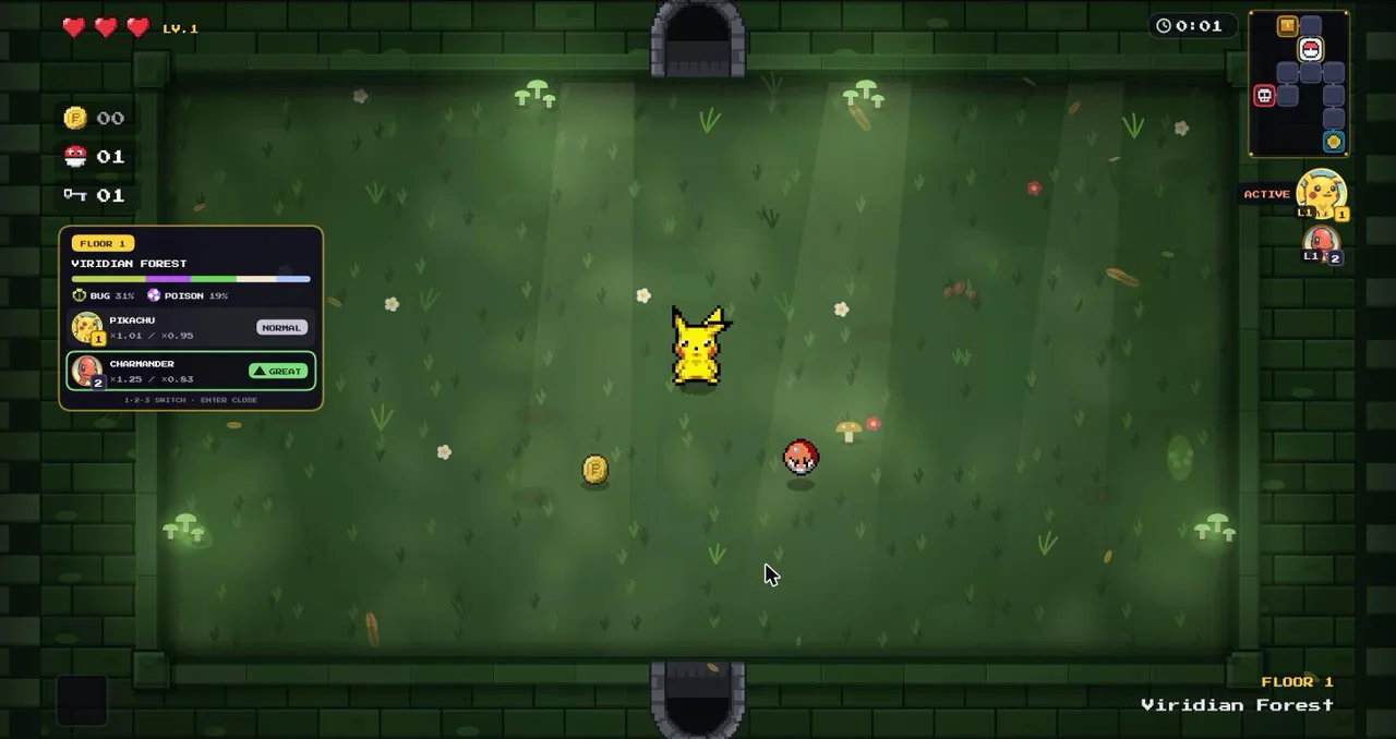 Floor card for Viridian Forest showing the floor's type mix and how Pikachu and Charmander fare