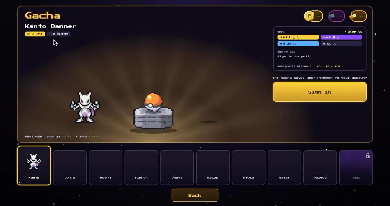 The Kanto Gacha banner with Mewtwo and Mew featured, pull buttons and the odds list