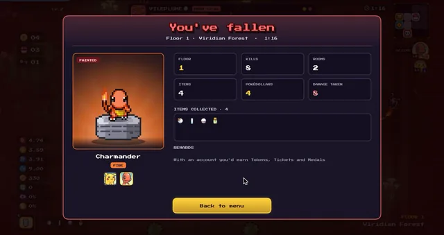 You've fallen results screen with floor, kills, rooms, items and the items collected