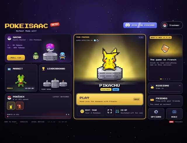 PokéIsaac main menu with the Gacha, Market, Leaderboard and Pokédex panels around Pikachu and the Play button