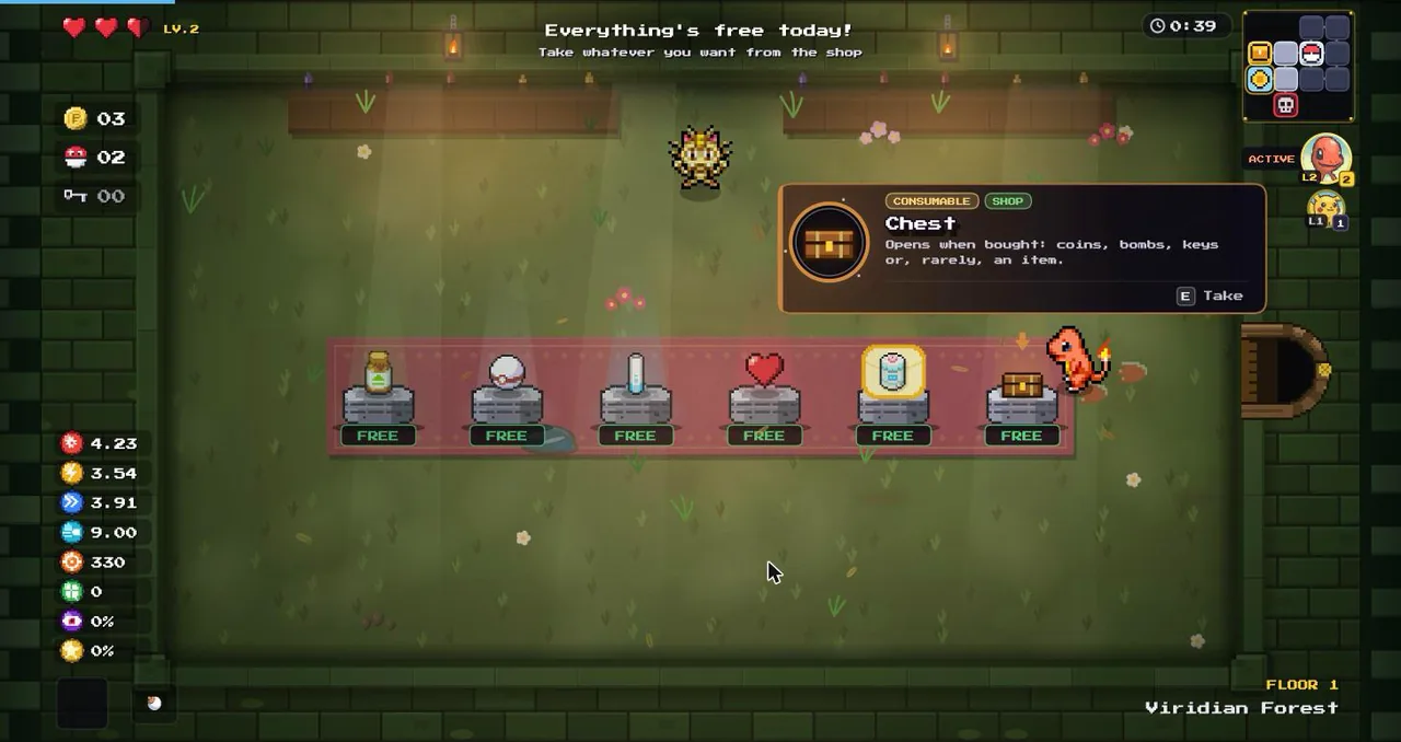 Meowth's shop on floor 1 with six free items on pedestals and a Chest item card