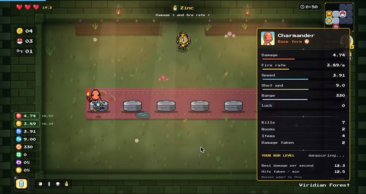 The in-run stats panel listing damage, fire rate, range, shot speed, speed and luck