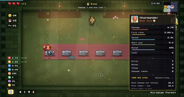 Tab stats panel with damage, fire rate, speed, shot speed, range, luck and the run level