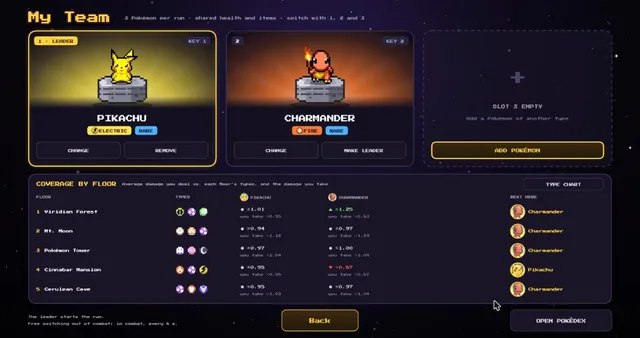 My Team screen with Pikachu and Charmander and the coverage by floor table